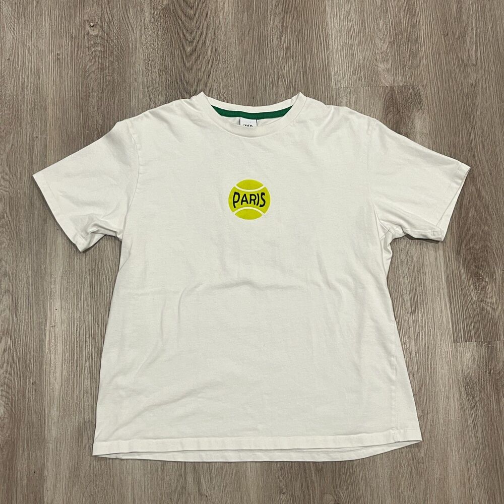 ZARA White T-Shirt Green Tennis Ball Paris Graphic Size Large